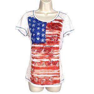 Womens Onque Casuals Sz S White, Blue, Red Sequin Studded Short Slv Sheer Tee